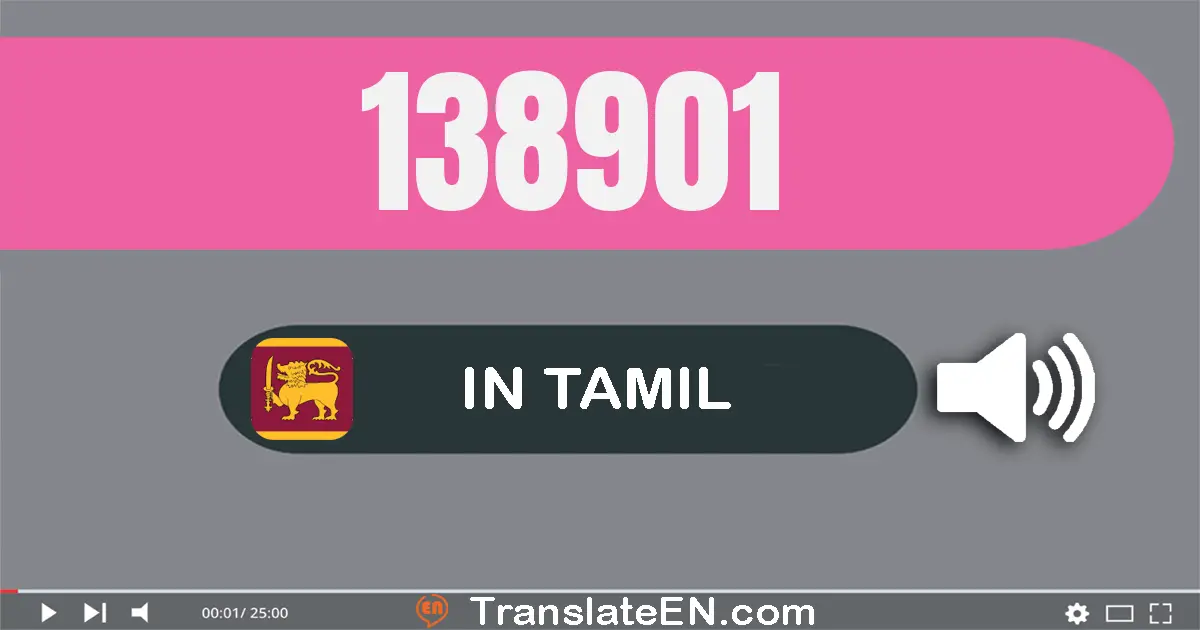 Write 138901 in Tamil Words: ஒன்று லட்சம் முப்பது எட்டு ஆயிரம் தொள்ளாயிரம் ஒன்று