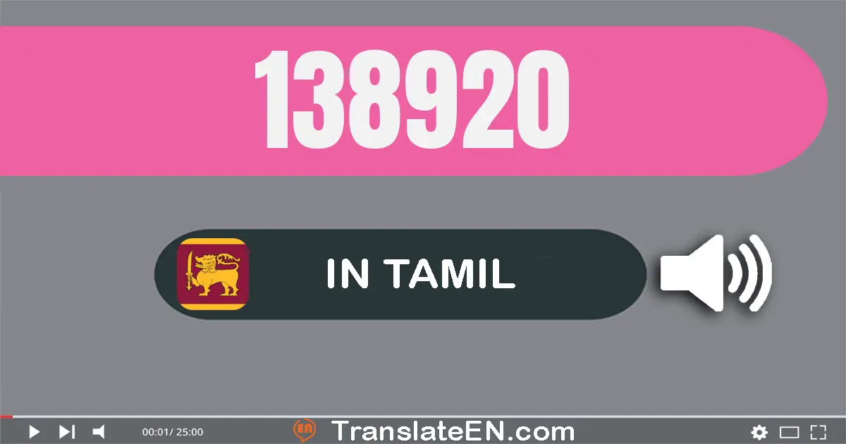 Write 138920 in Tamil Words: ஒன்று லட்சம் முப்பது எட்டு ஆயிரம் தொள்ளாயிரம் இருபது