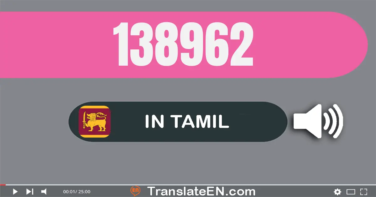 Write 138962 in Tamil Words: ஒன்று லட்சம் முப்பது எட்டு ஆயிரம் தொள்ளாயிரம் அறுபது இரண்டு